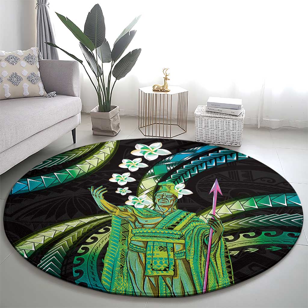 Hawaii King Kamehameha Round Carpet Fantastic Plumeria Chartreuse Cyan