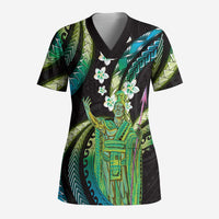 Hawaii King Kamehameha Scrub Top Fantastic Plumeria Chartreuse Cyan - Polynesian Pride