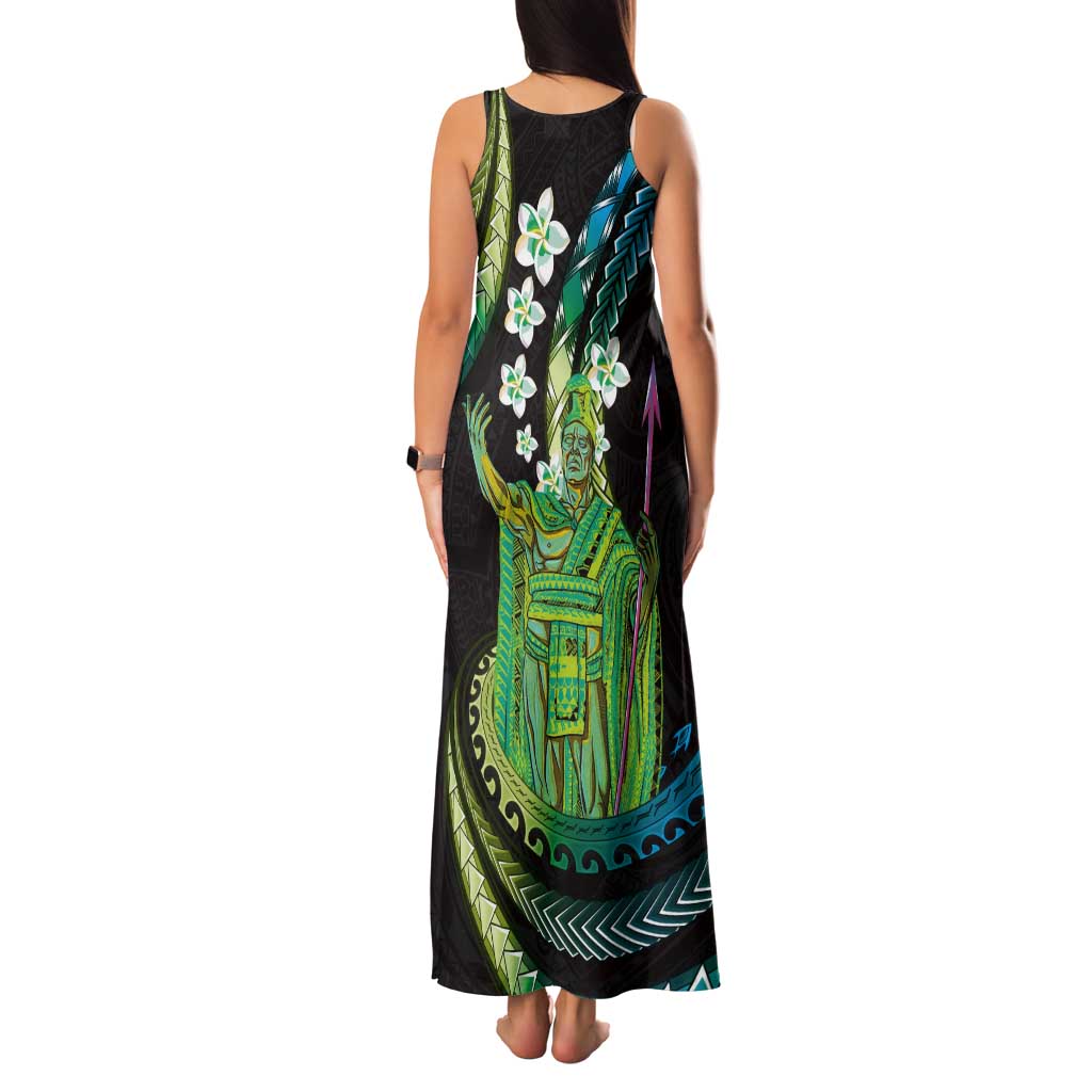 Hawaii King Kamehameha Tank Maxi Dress Fantastic Plumeria Chartreuse Cyan