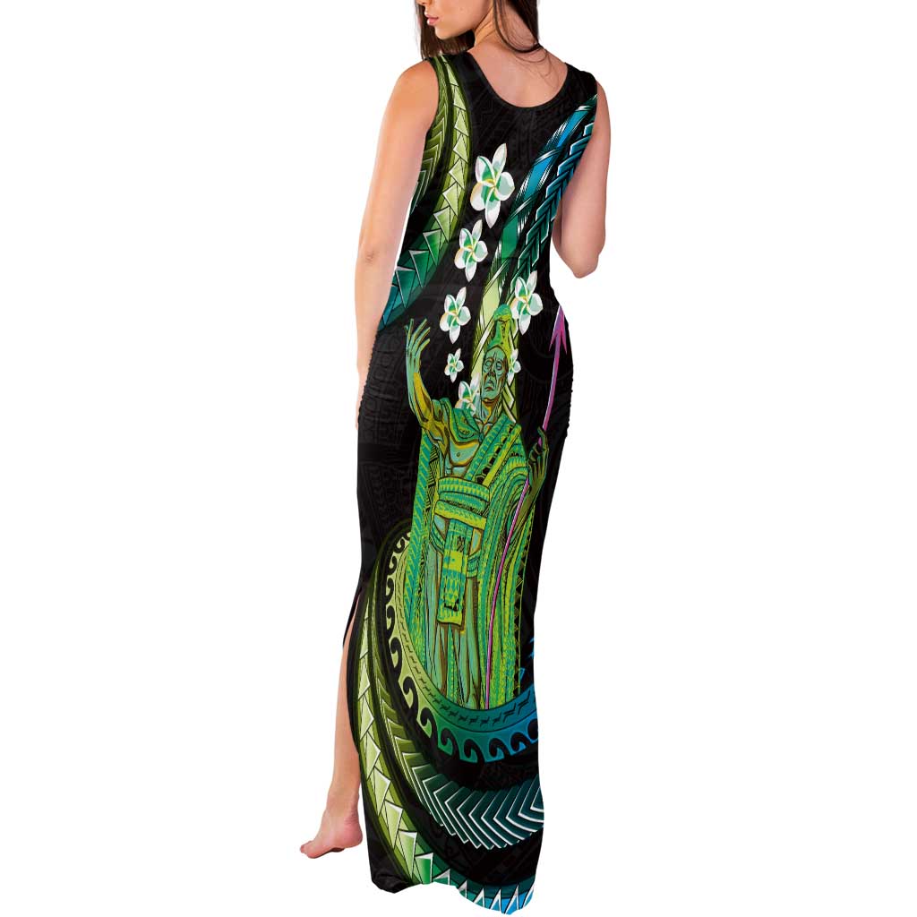 Hawaii King Kamehameha Tank Maxi Dress Fantastic Plumeria Chartreuse Cyan