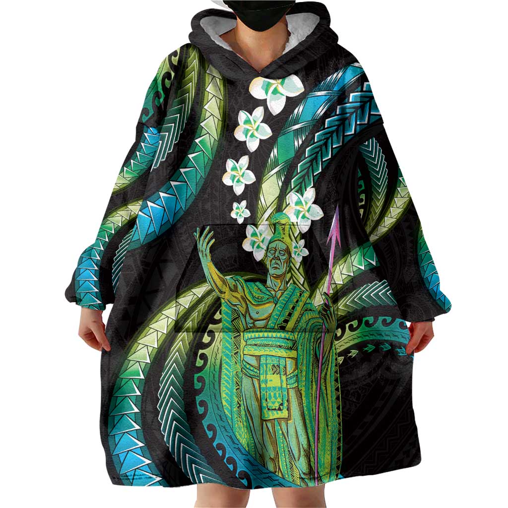 Hawaii King Kamehameha Wearable Blanket Hoodie Fantastic Plumeria Chartreuse Cyan