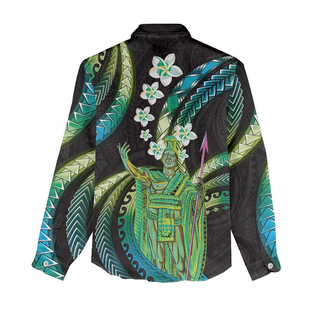 Hawaii King Kamehameha Women Casual Shirt Fantastic Plumeria Chartreuse Cyan