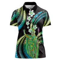 Hawaii King Kamehameha Women Polo Shirt Fantastic Plumeria Chartreuse Cyan