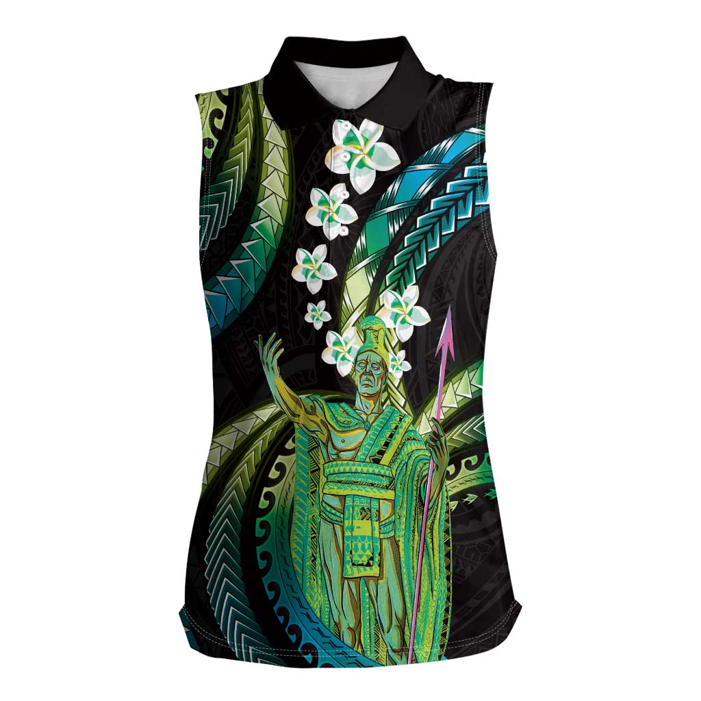Hawaii King Kamehameha Women Sleeveless Polo Shirt Fantastic Plumeria Chartreuse Cyan