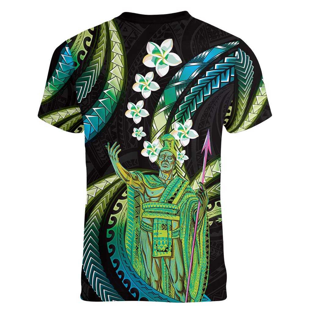 Hawaii King Kamehameha Women V-Neck T-Shirt Fantastic Plumeria Chartreuse Cyan