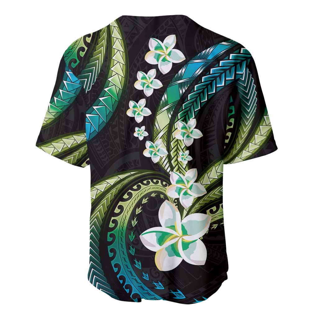 Hawaii Plumeria Baseball Jersey Chartreuse Cyan Polynesian Pattern