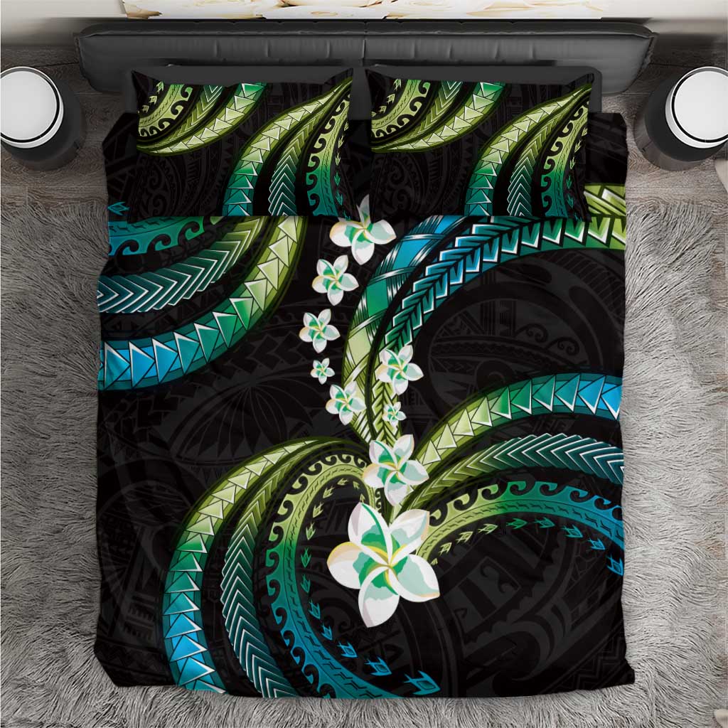 Hawaii Plumeria Bedding Set Chartreuse Cyan Polynesian Pattern