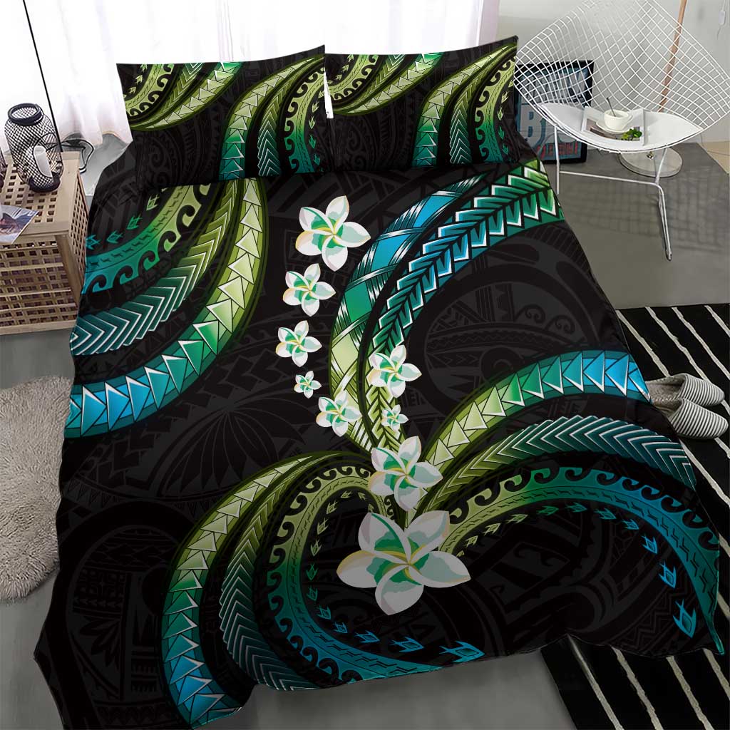 Hawaii Plumeria Bedding Set Chartreuse Cyan Polynesian Pattern