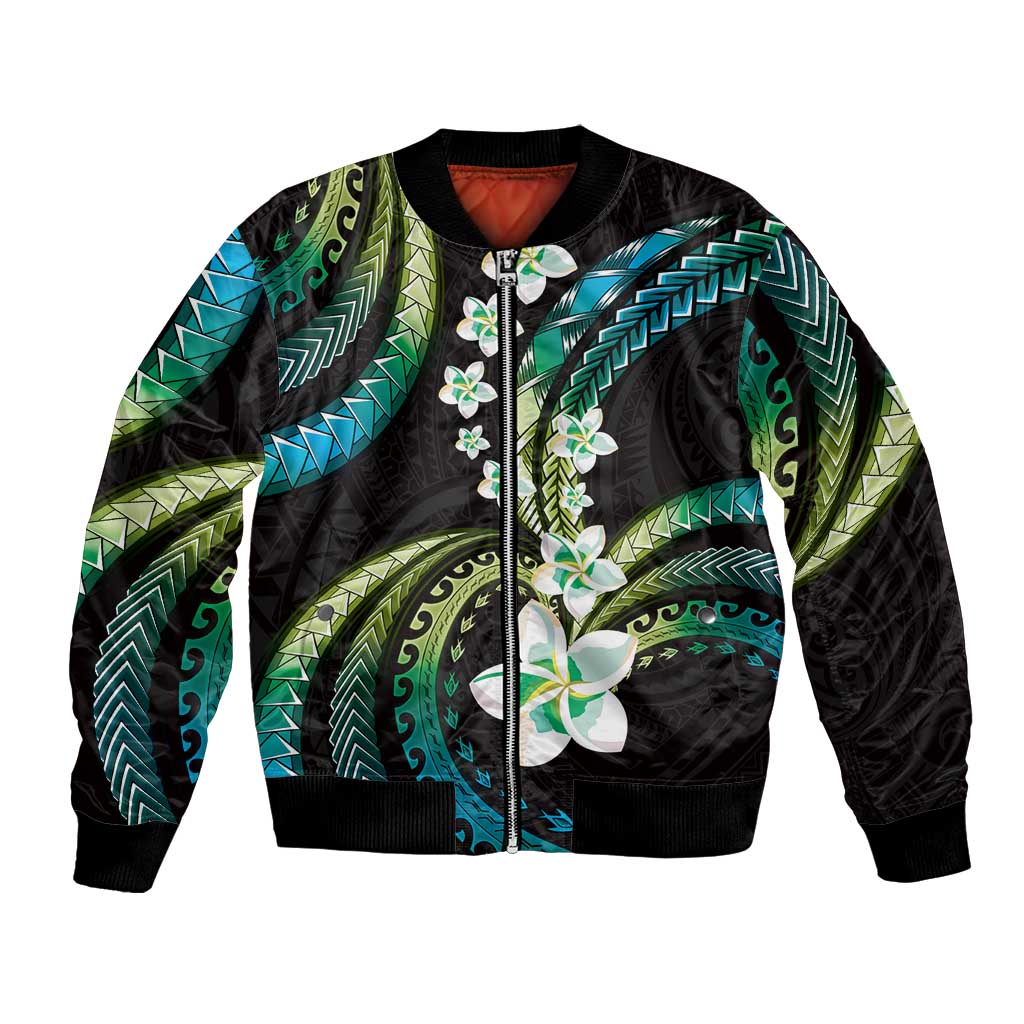 Hawaii Plumeria Bomber Jacket Chartreuse Cyan Polynesian Pattern