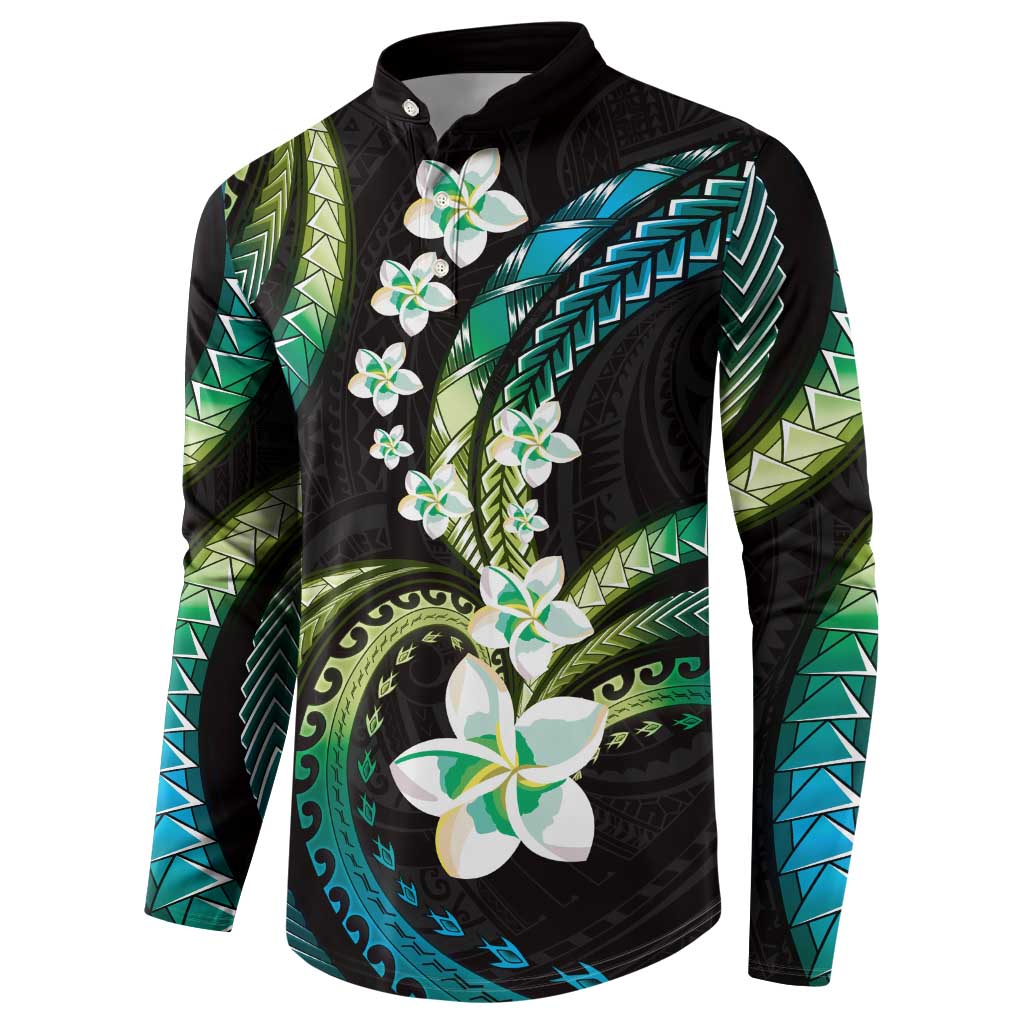 Hawaii Plumeria Button Sweatshirt Chartreuse Cyan Polynesian Pattern