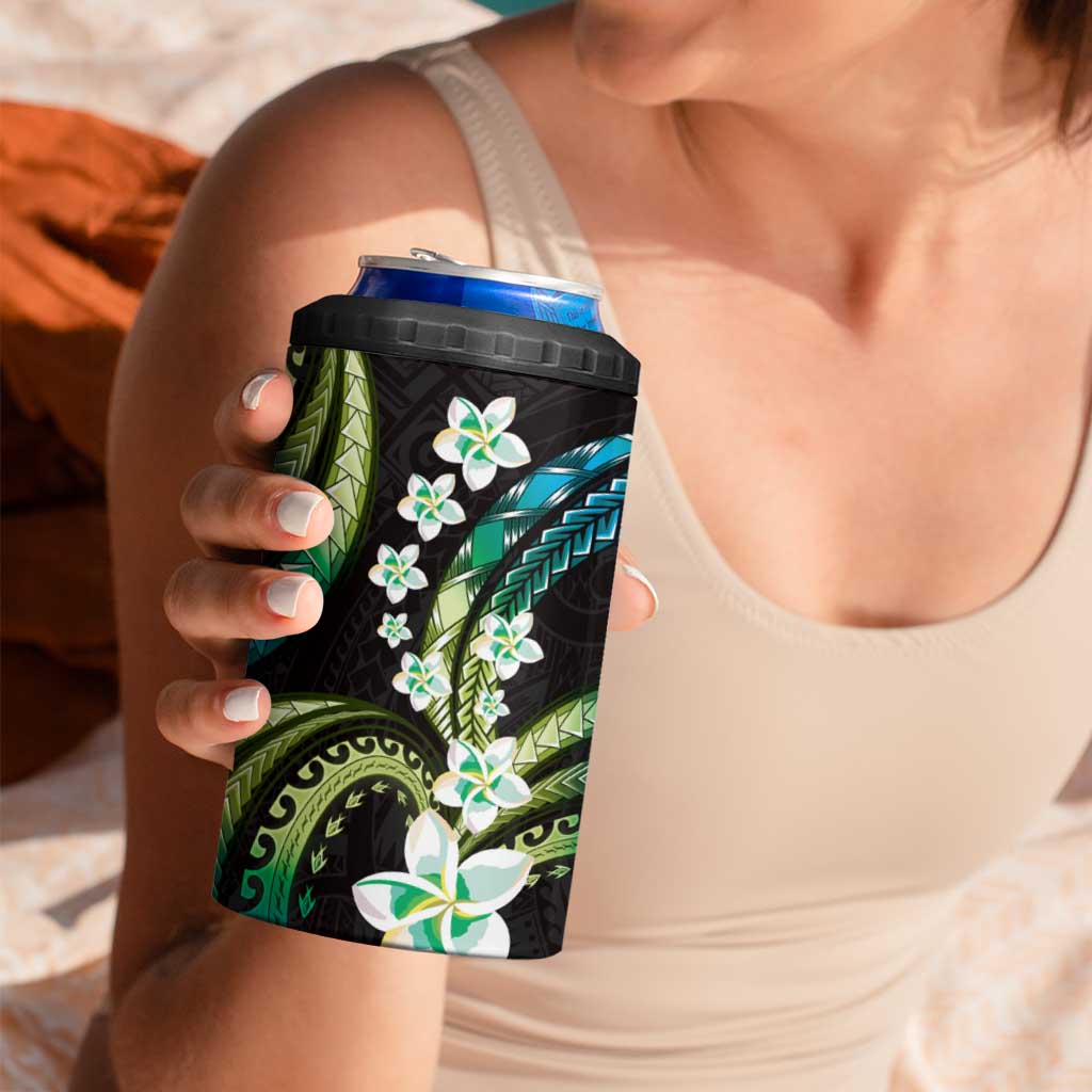 Hawaii Plumeria 4 in 1 Can Cooler Tumbler Chartreuse Cyan Polynesian Pattern
