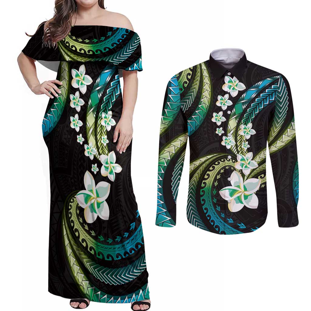 Hawaii Plumeria Couples Matching Off Shoulder Maxi Dress and Long Sleeve Button Shirt Chartreuse Cyan Polynesian Pattern