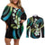 Hawaii Plumeria Couples Matching Off Shoulder Short Dress and Long Sleeve Button Shirt Chartreuse Cyan Polynesian Pattern