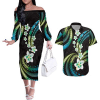 Hawaii Plumeria Couples Matching Off The Shoulder Long Sleeve Dress and Hawaiian Shirt Chartreuse Cyan Polynesian Pattern