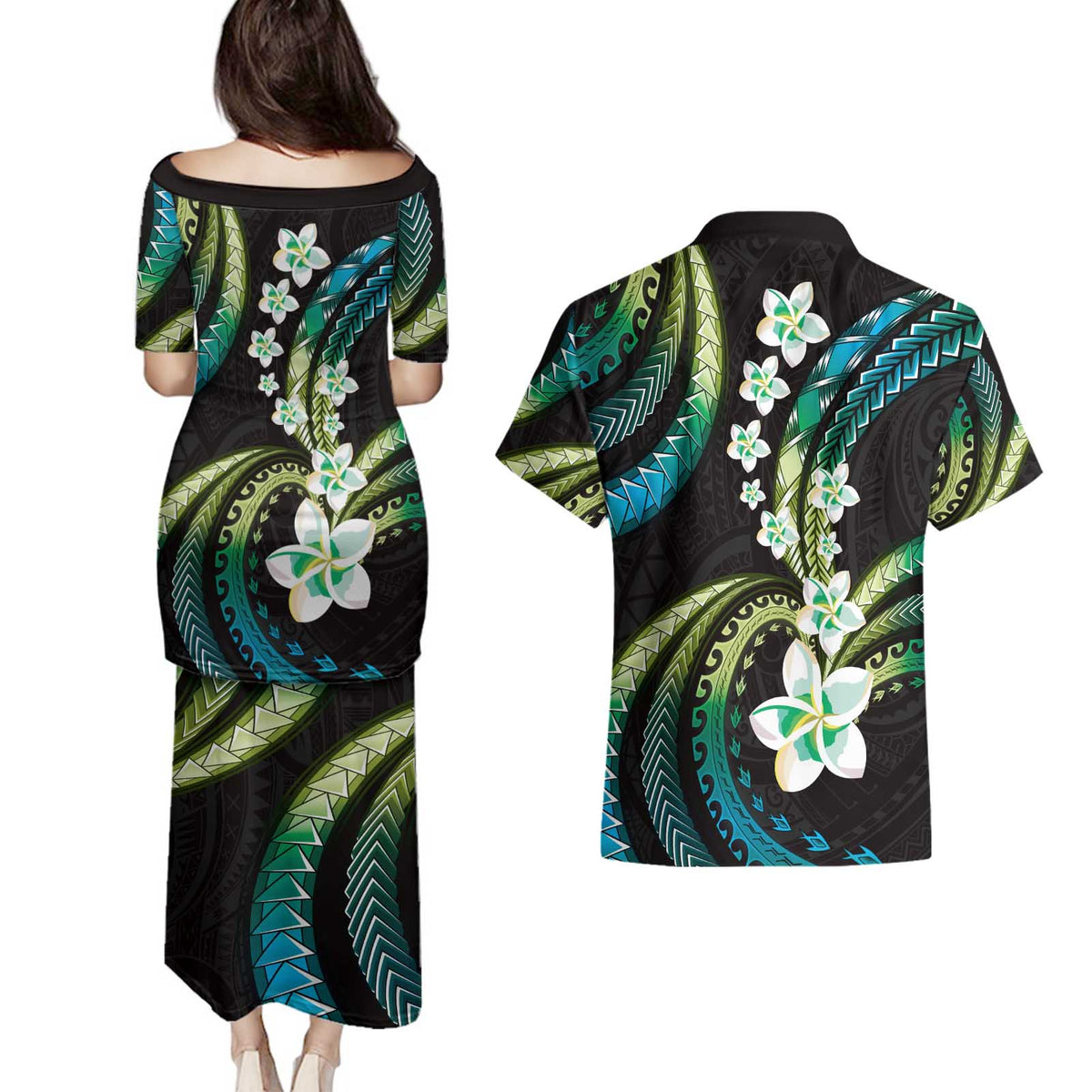 Hawaii Plumeria Couples Matching Puletasi and Hawaiian Shirt Chartreuse Cyan Polynesian Pattern