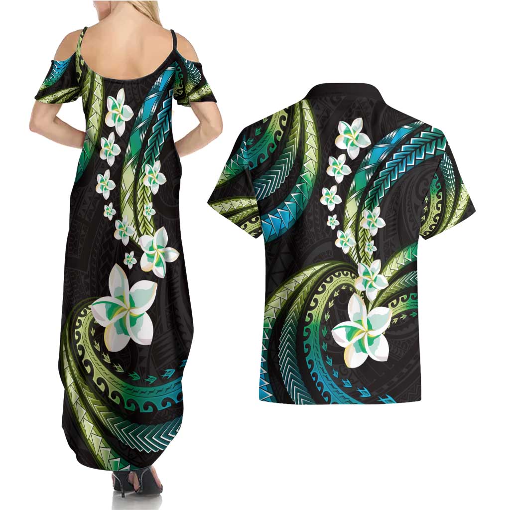 Hawaii Plumeria Couples Matching Summer Maxi Dress and Hawaiian Shirt Chartreuse Cyan Polynesian Pattern