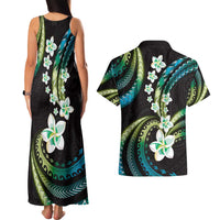 Hawaii Plumeria Couples Matching Tank Maxi Dress and Hawaiian Shirt Chartreuse Cyan Polynesian Pattern