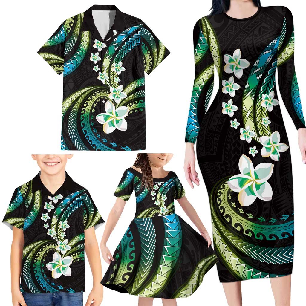 Hawaii Plumeria Family Matching Long Sleeve Bodycon Dress and Hawaiian Shirt Chartreuse Cyan Polynesian Pattern