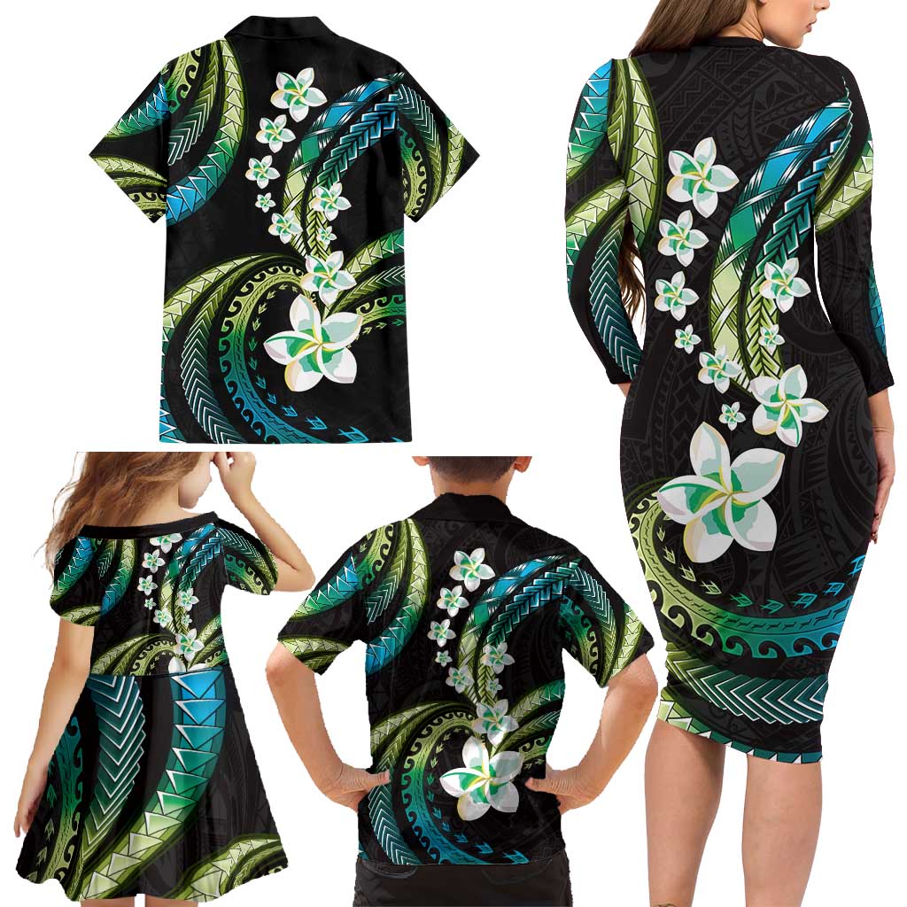 Hawaii Plumeria Family Matching Long Sleeve Bodycon Dress and Hawaiian Shirt Chartreuse Cyan Polynesian Pattern