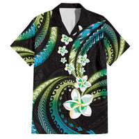 Hawaii Plumeria Family Matching Long Sleeve Bodycon Dress and Hawaiian Shirt Chartreuse Cyan Polynesian Pattern