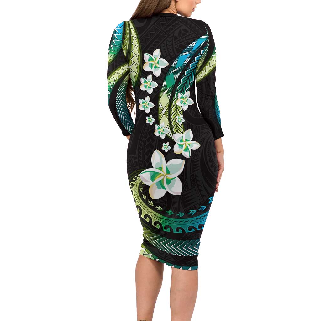 Hawaii Plumeria Family Matching Long Sleeve Bodycon Dress and Hawaiian Shirt Chartreuse Cyan Polynesian Pattern