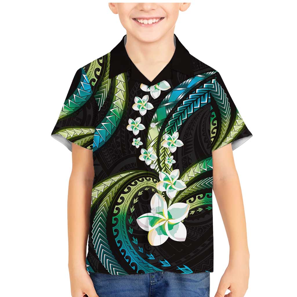 Hawaii Plumeria Family Matching Mermaid Dress and Hawaiian Shirt Chartreuse Cyan Polynesian Pattern