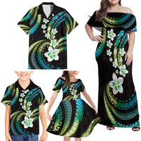 Hawaii Plumeria Family Matching Off Shoulder Maxi Dress and Hawaiian Shirt Chartreuse Cyan Polynesian Pattern
