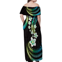 Hawaii Plumeria Family Matching Off Shoulder Maxi Dress and Hawaiian Shirt Chartreuse Cyan Polynesian Pattern