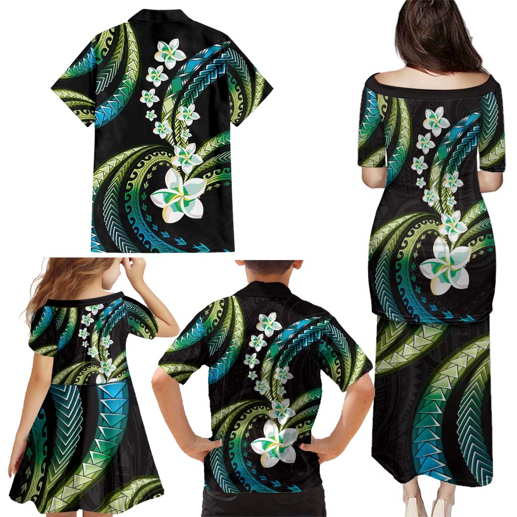 Hawaii Plumeria Family Matching Puletasi and Hawaiian Shirt Chartreuse Cyan Polynesian Pattern