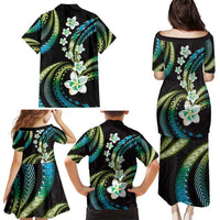 Hawaii Plumeria Family Matching Puletasi and Hawaiian Shirt Chartreuse Cyan Polynesian Pattern