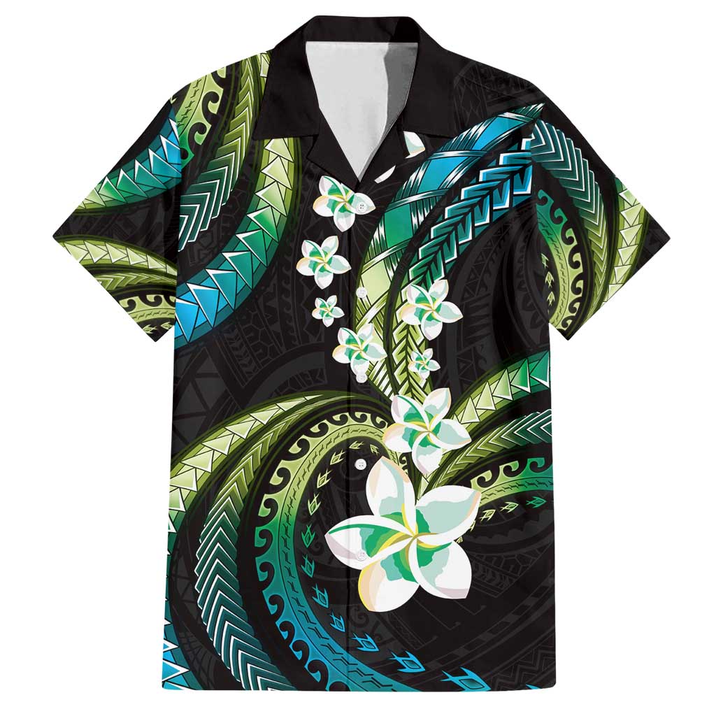 Hawaii Plumeria Family Matching Puletasi and Hawaiian Shirt Chartreuse Cyan Polynesian Pattern