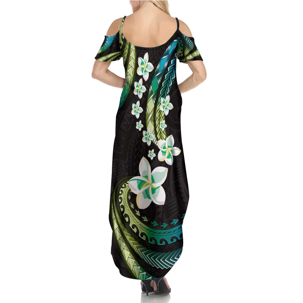 Hawaii Plumeria Family Matching Summer Maxi Dress and Hawaiian Shirt Chartreuse Cyan Polynesian Pattern