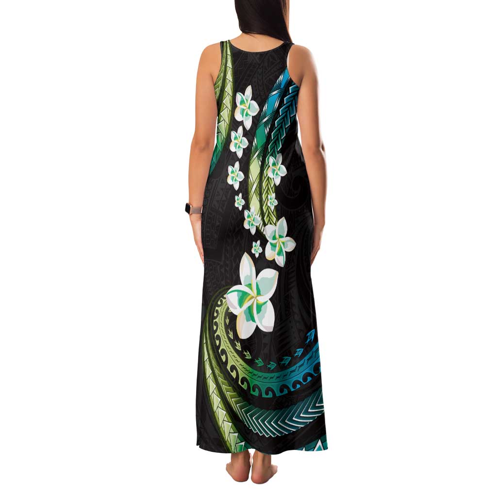 Hawaii Plumeria Family Matching Tank Maxi Dress and Hawaiian Shirt Chartreuse Cyan Polynesian Pattern