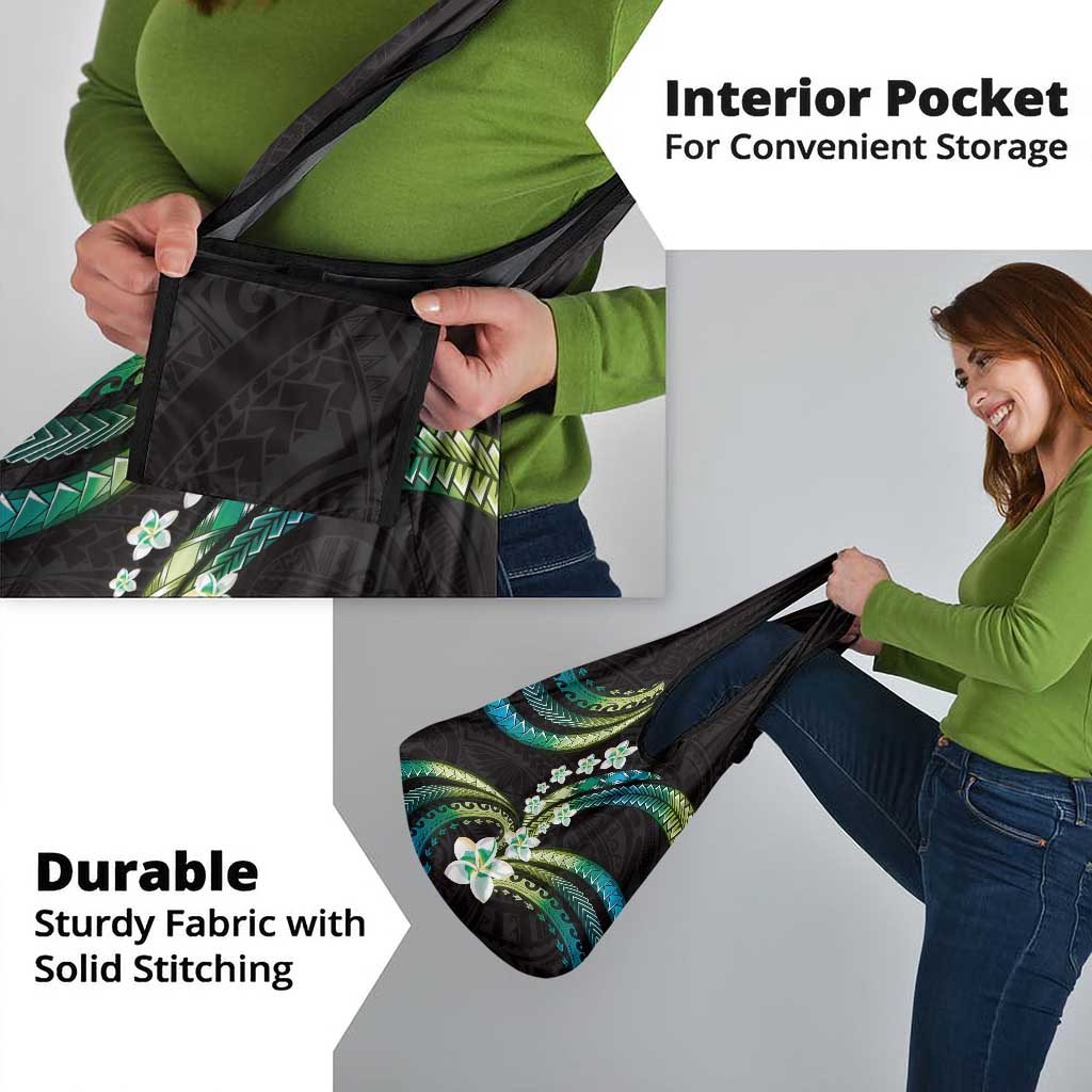 Hawaii Plumeria Grocery Bag Chartreuse Cyan Polynesian Pattern