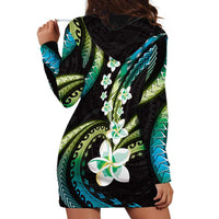 Hawaii Plumeria Hoodie Dress Chartreuse Cyan Polynesian Pattern
