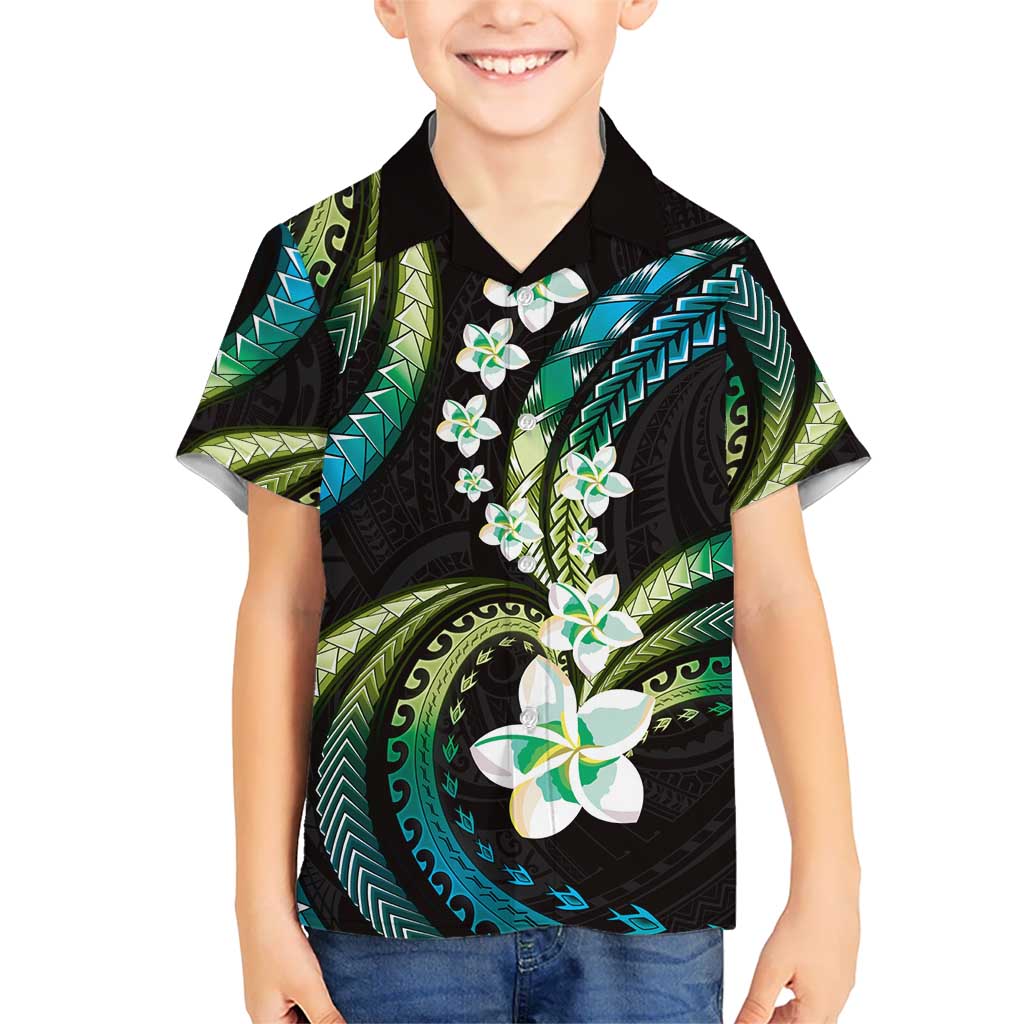 Hawaii Plumeria Kid Hawaiian Shirt Chartreuse Cyan Polynesian Pattern