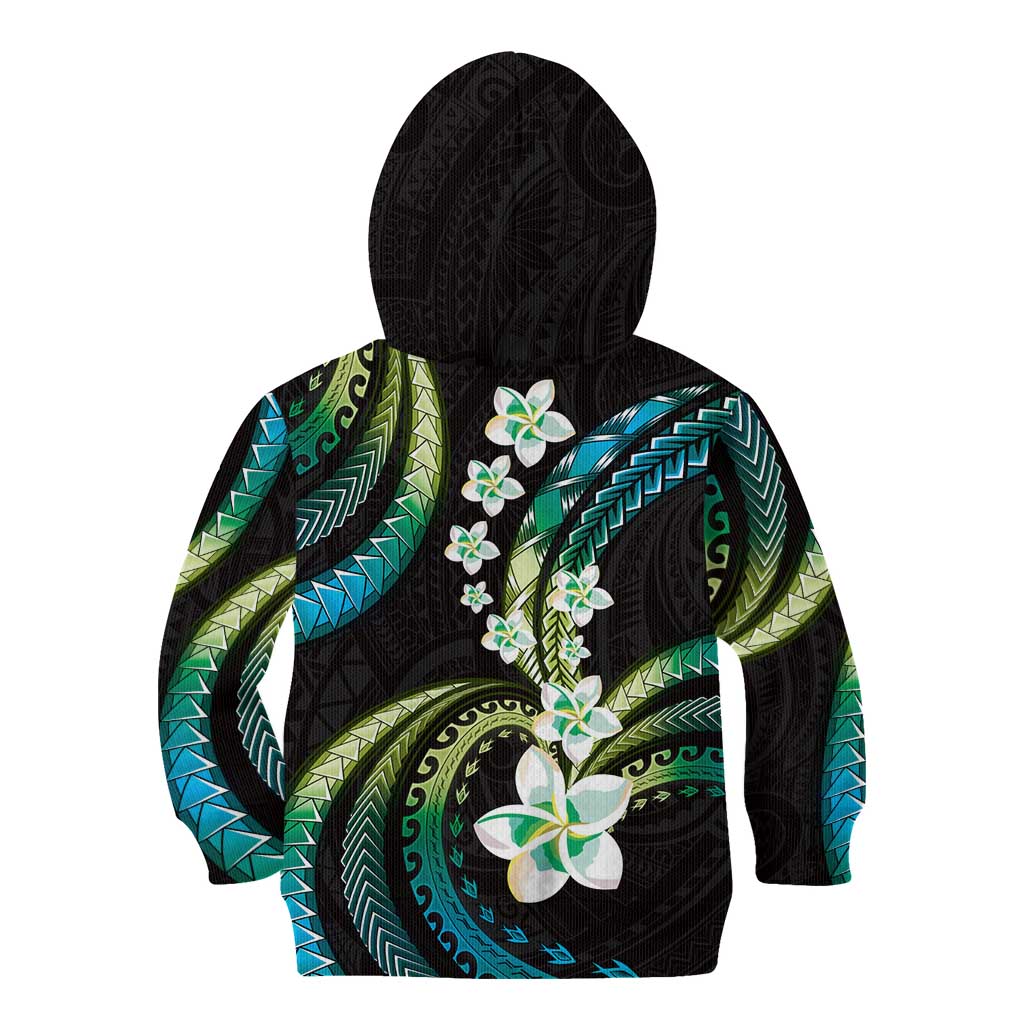 Hawaii Plumeria Kid Hoodie Chartreuse Cyan Polynesian Pattern