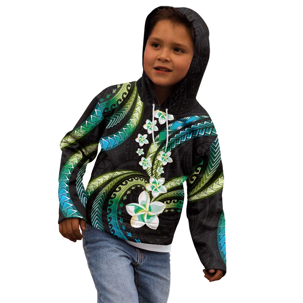 Hawaii Plumeria Kid Hoodie Chartreuse Cyan Polynesian Pattern