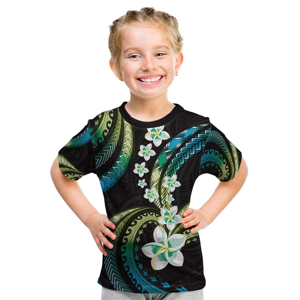 Hawaii Plumeria Kid T Shirt Chartreuse Cyan Polynesian Pattern
