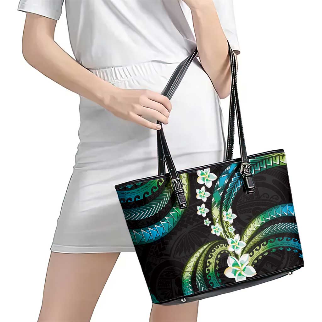 Hawaii Plumeria Leather Tote Bag Chartreuse Cyan Polynesian Pattern