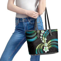 Hawaii Plumeria Leather Tote Bag Chartreuse Cyan Polynesian Pattern
