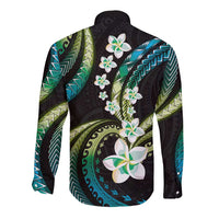 Hawaii Plumeria Long Sleeve Button Shirt Chartreuse Cyan Polynesian Pattern