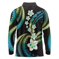 Hawaii Plumeria Long Sleeve Polo Shirt Chartreuse Cyan Polynesian Pattern