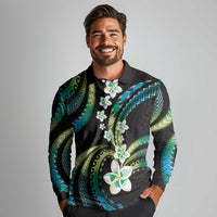 Hawaii Plumeria Long Sleeve Polo Shirt Chartreuse Cyan Polynesian Pattern