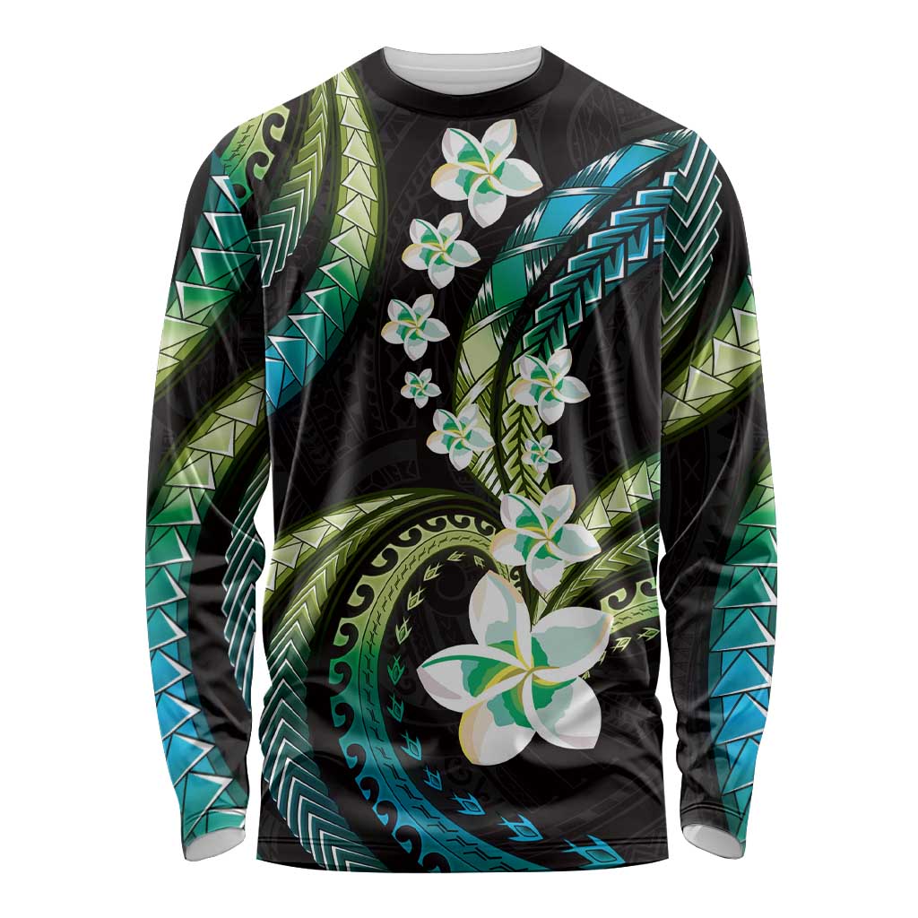 Hawaii Plumeria Long Sleeve Shirt Chartreuse Cyan Polynesian Pattern