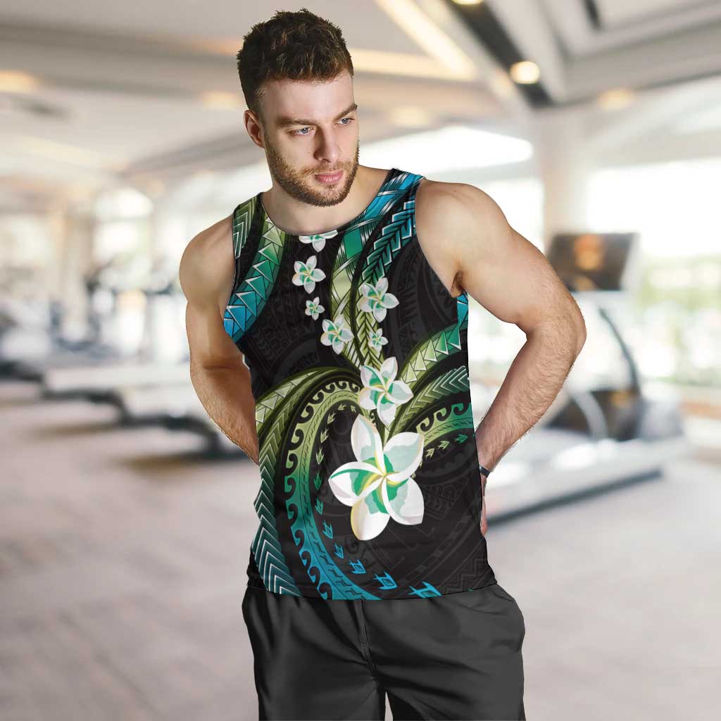 Hawaii Plumeria Men Tank Top Chartreuse Cyan Polynesian Pattern