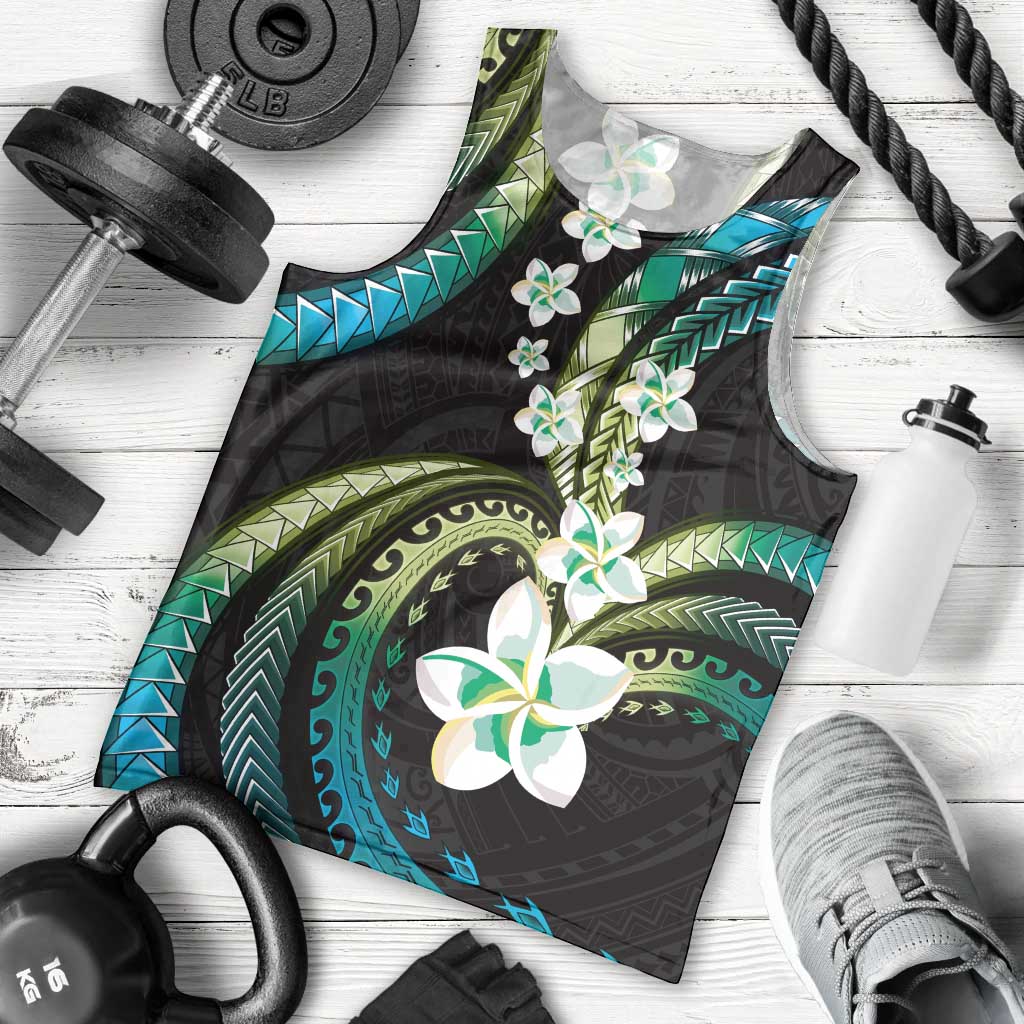 Hawaii Plumeria Men Tank Top Chartreuse Cyan Polynesian Pattern