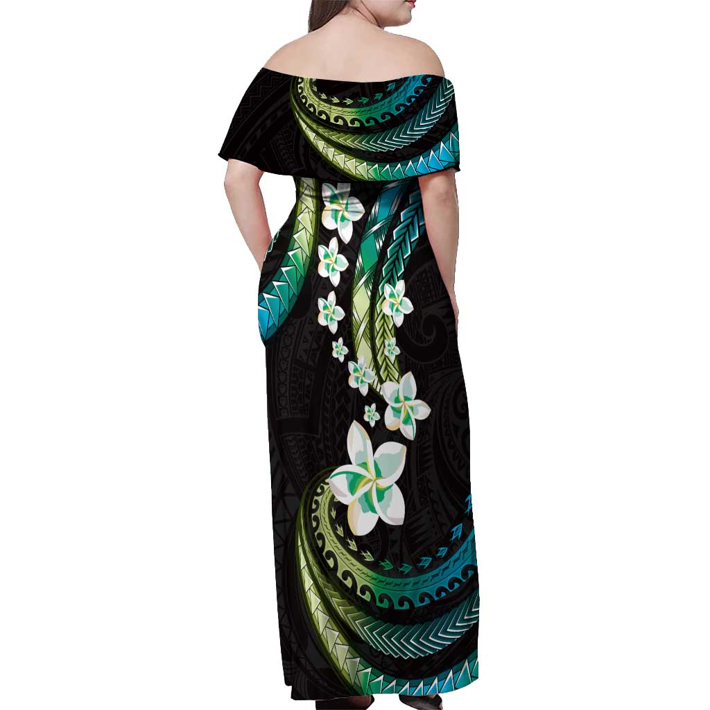 Hawaii Plumeria Off Shoulder Maxi Dress Chartreuse Cyan Polynesian Pattern