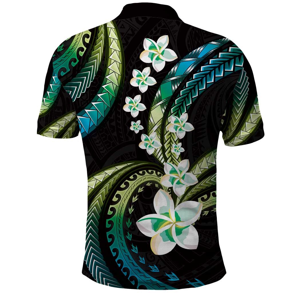 Hawaii Plumeria Polo Shirt Chartreuse Cyan Polynesian Pattern
