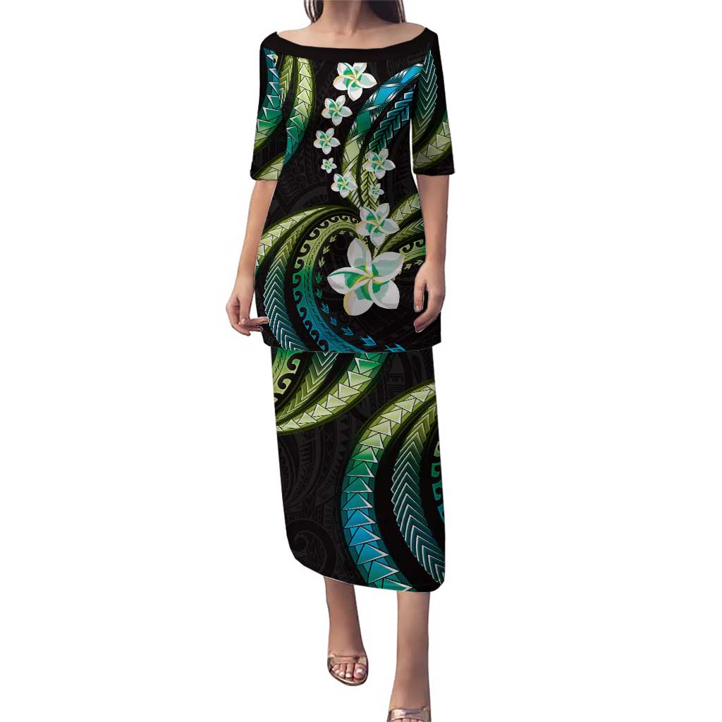 Hawaii Plumeria Puletasi Chartreuse Cyan Polynesian Pattern